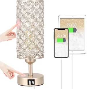 Crystal Table Lamp with USB C A Ports, 3 Way Dimmable Touch Lamp with Crystal Shade, Champagne Gold Bedside Nightstand Small Lamp for Living Room Bedroom Home Office