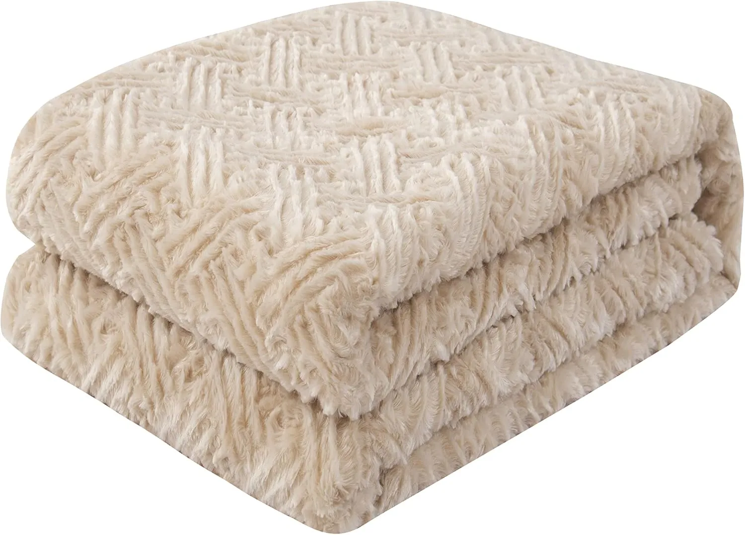 DaDa Bedding Champagne Ivory Faux Fur Throw Blanket - Dreamy Neutral Nude Gold Geometric Embossed Sherpa Backside - Super Soft Warm Cozy Plush Fluffy - 50" x 60"