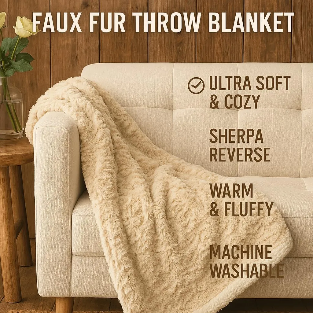 DaDa Bedding Champagne Ivory Faux Fur Throw Blanket - Dreamy Neutral Nude Gold Geometric Embossed Sherpa Backside - Super Soft Warm Cozy Plush Fluffy - 50" x 60"