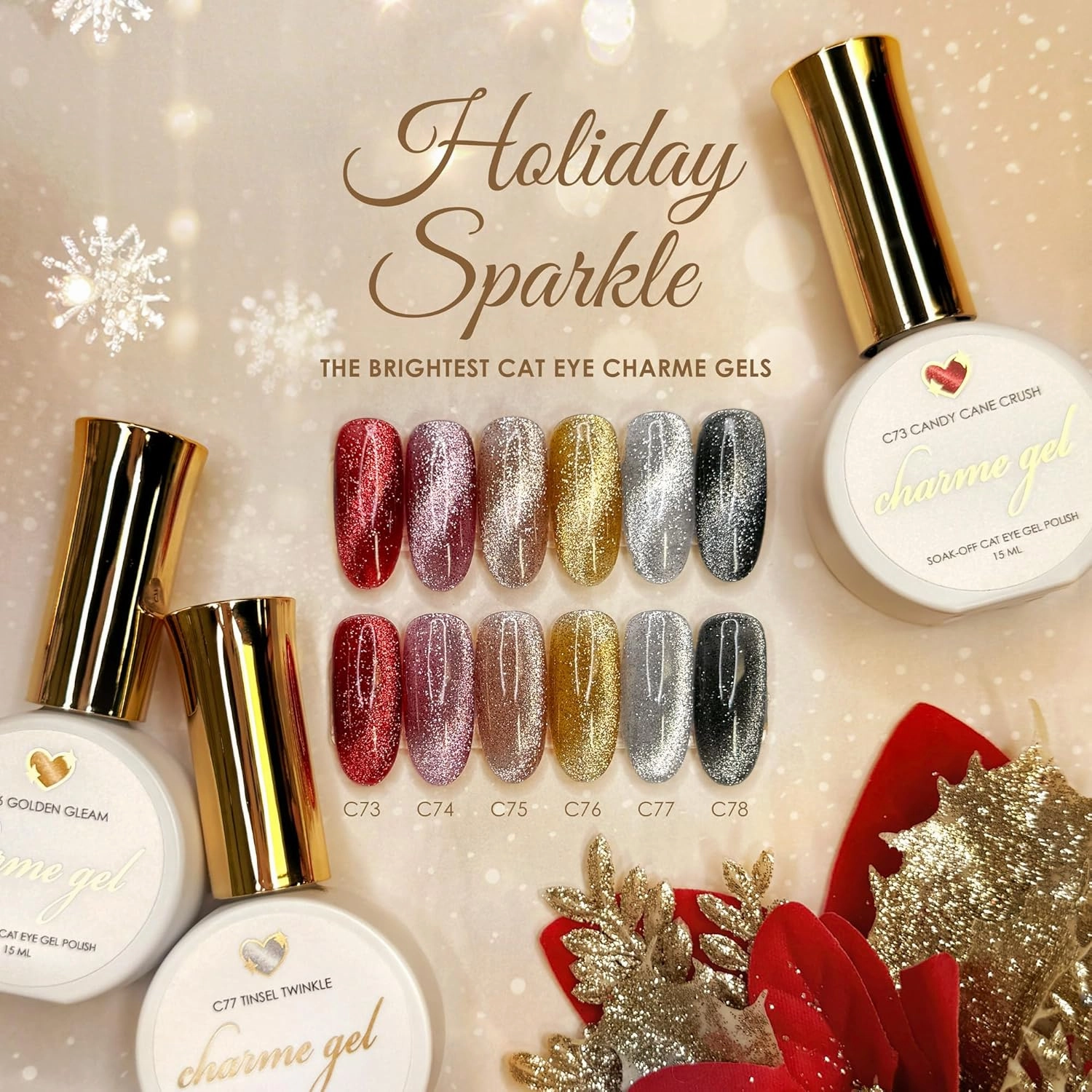 Daily Charme C74 Blush Beam Holiday Sparkle Cat Eye Magnetic Gel Nail Polish Collection 15ml, Soak Off UV Led Gel Nail Polish, Home DIY/Nail Salon Manicure (Glittery Pink)