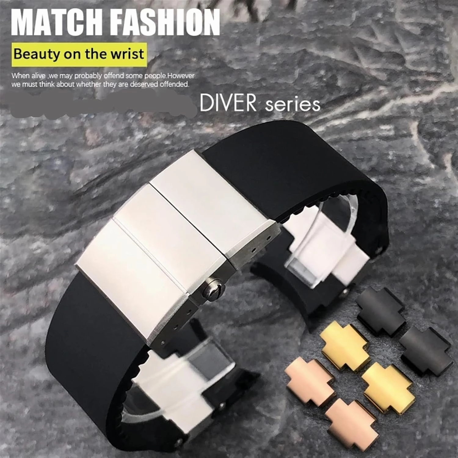 DASEB 22mm Silicone Rubber Watchbands Fit，For Ulysse Nardin Diver Silver Rose Gold Folding Buckle Black Blue Watch Strap