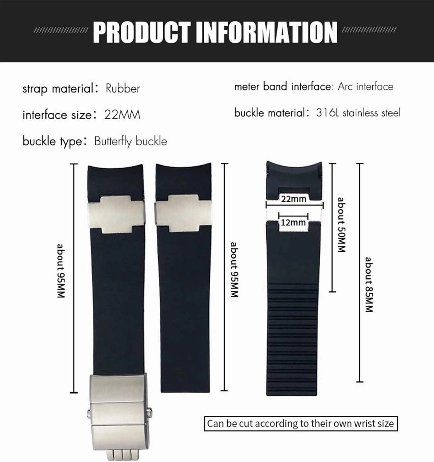 DASEB 22mm Silicone Rubber Watchbands Fit，For Ulysse Nardin Diver Silver Rose Gold Folding Buckle Black Blue Watch Strap