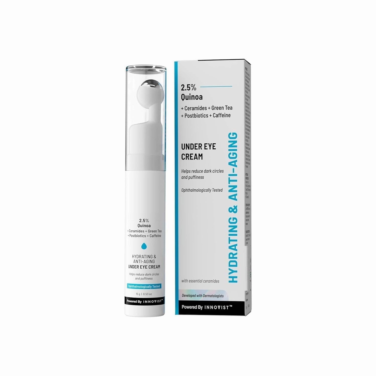 DBE Under Eye Cream with 2% Revital Eye & Quinoa Extract|Reducing Dark Circles, Puffiness, Wrinkles, Crows Feet|Plant-Based Ceramides|100% Vegan|Cooling Gel & Roller for Men & Women|15g