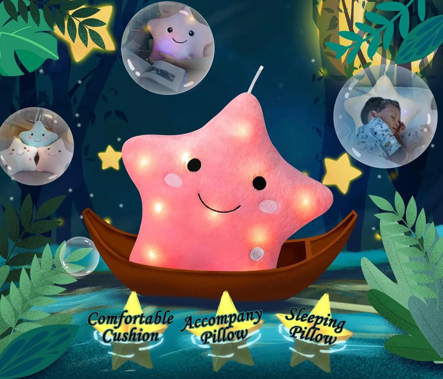 DearSun 13''Creative Twinkle Star Colorful Night Light Plush Pillows Light up Night Stuffed Toys Perfect for Birthday Christmas Holiday Valentines (Deep Pink)