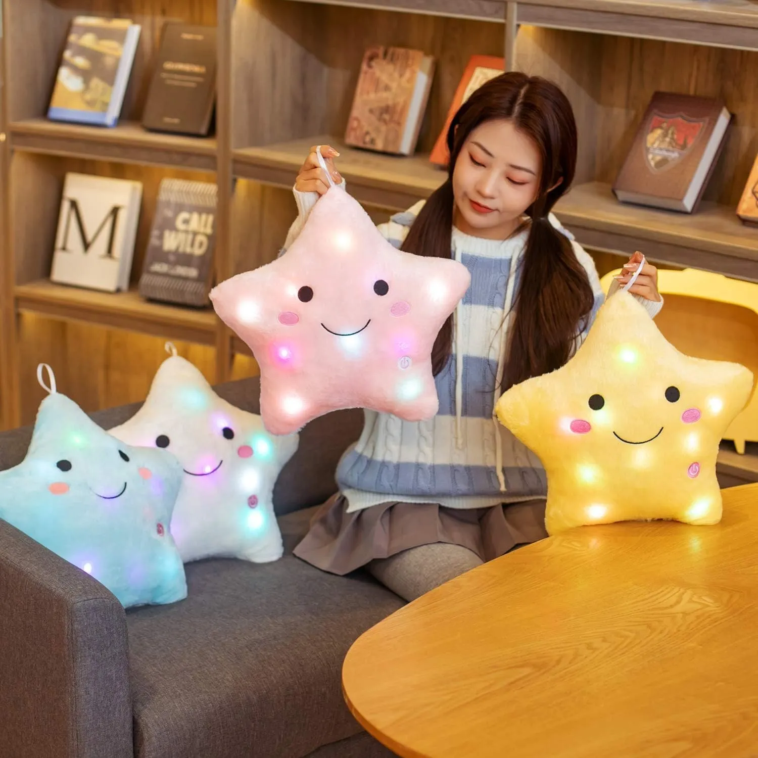 DearSun 13''Creative Twinkle Star Colorful Night Light Plush Pillows Light up Night Stuffed Toys Perfect for Birthday Christmas Holiday Valentines (Deep Pink)