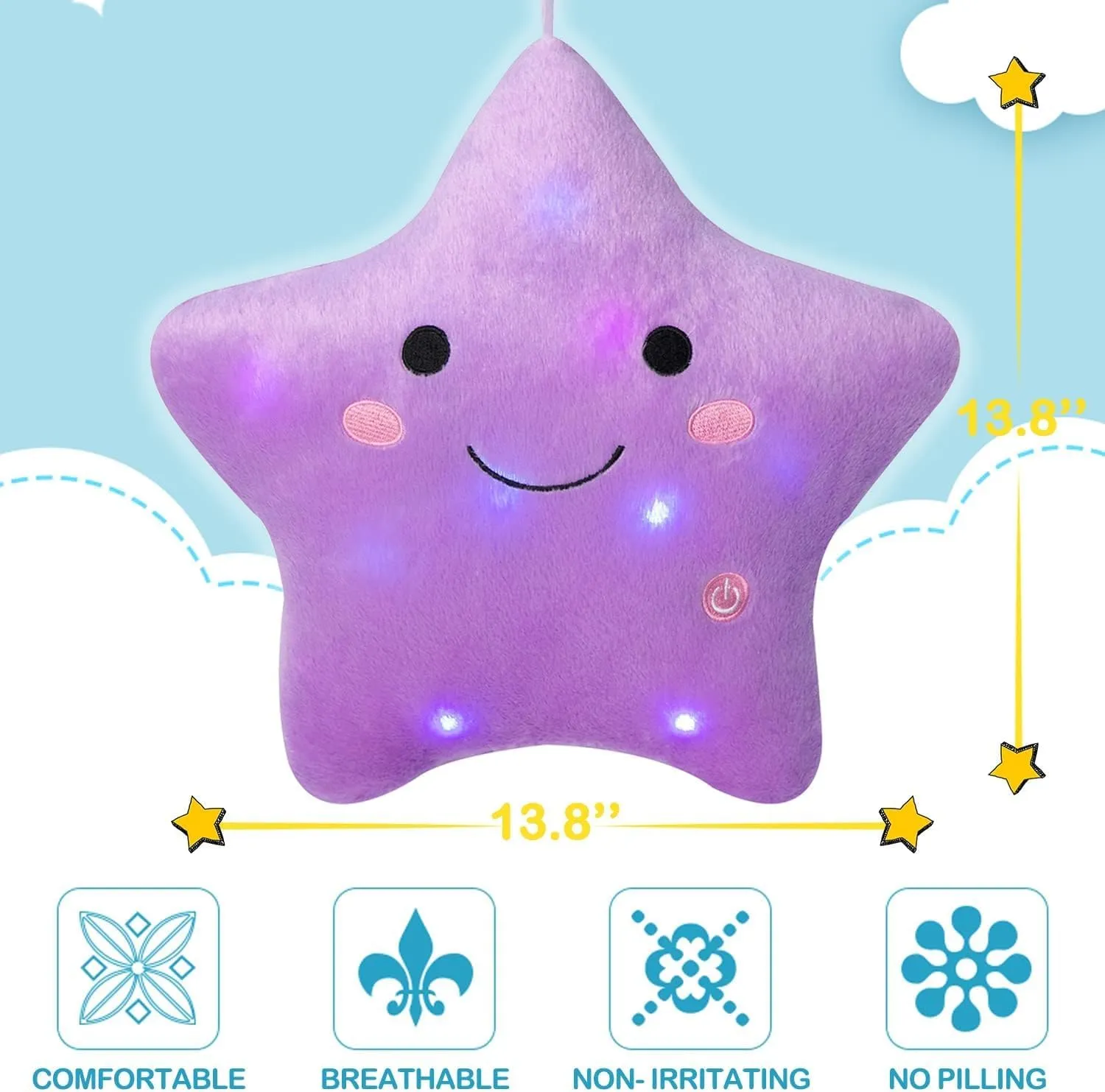 DearSun 13''Creative Twinkle Star Colorful Night Light Plush Pillows Light up Night Stuffed Toys Perfect for Birthday Christmas Holiday Valentines (Purple)