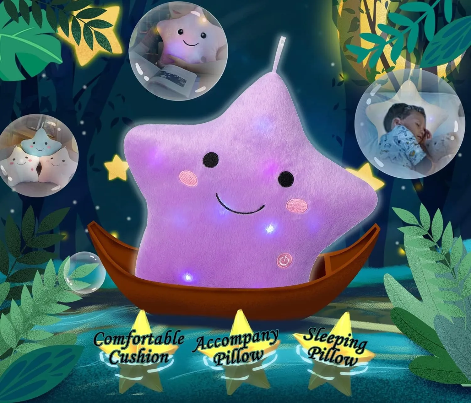 DearSun 13''Creative Twinkle Star Colorful Night Light Plush Pillows Light up Night Stuffed Toys Perfect for Birthday Christmas Holiday Valentines (Purple)