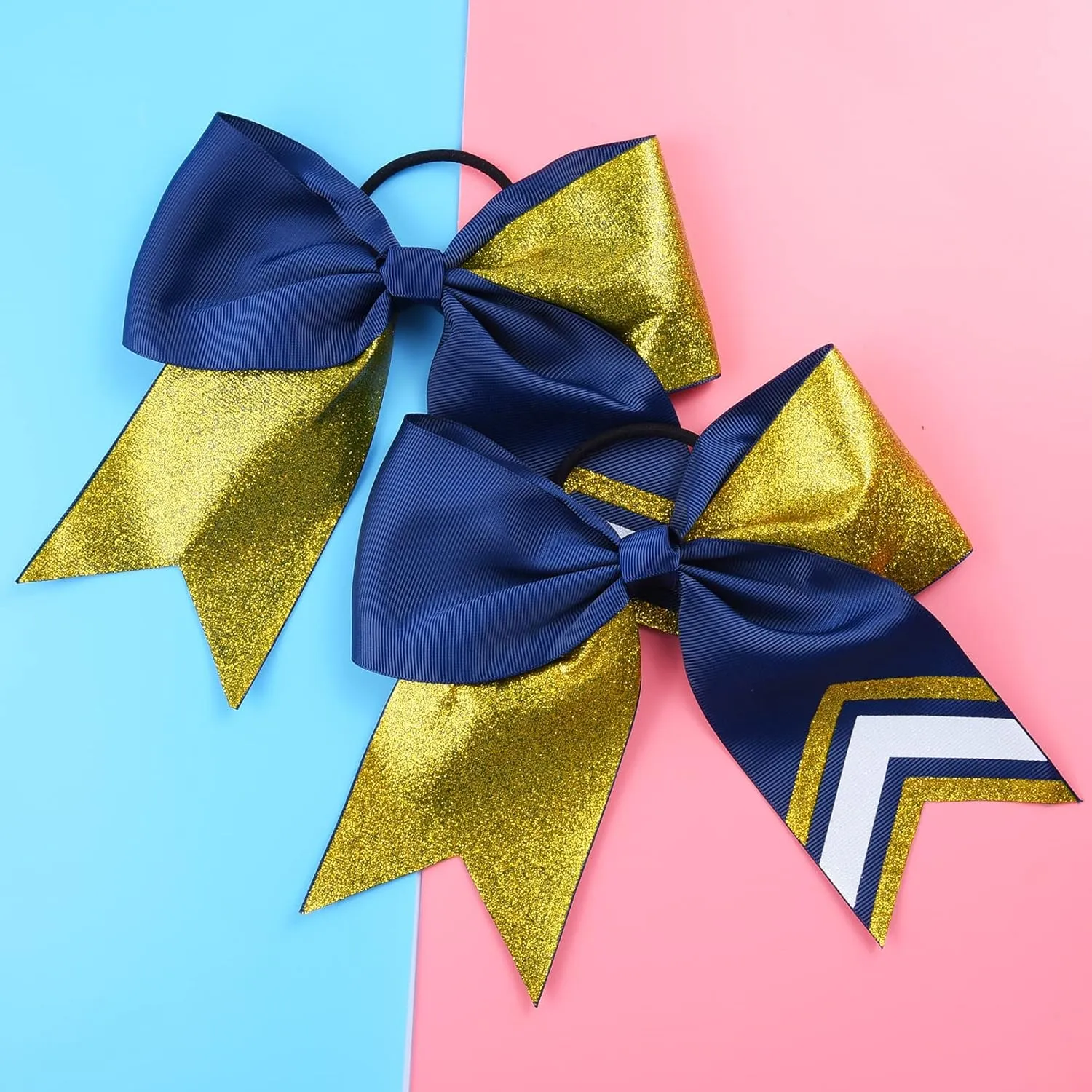 DEEKA 8PCS 8" Two Toned Large Glitter Cheer Bows Shiny Cheer Hair Bows Ponytail Holder Handmade for Cheerleader Girls Softball Sports -g Gold/Navy
