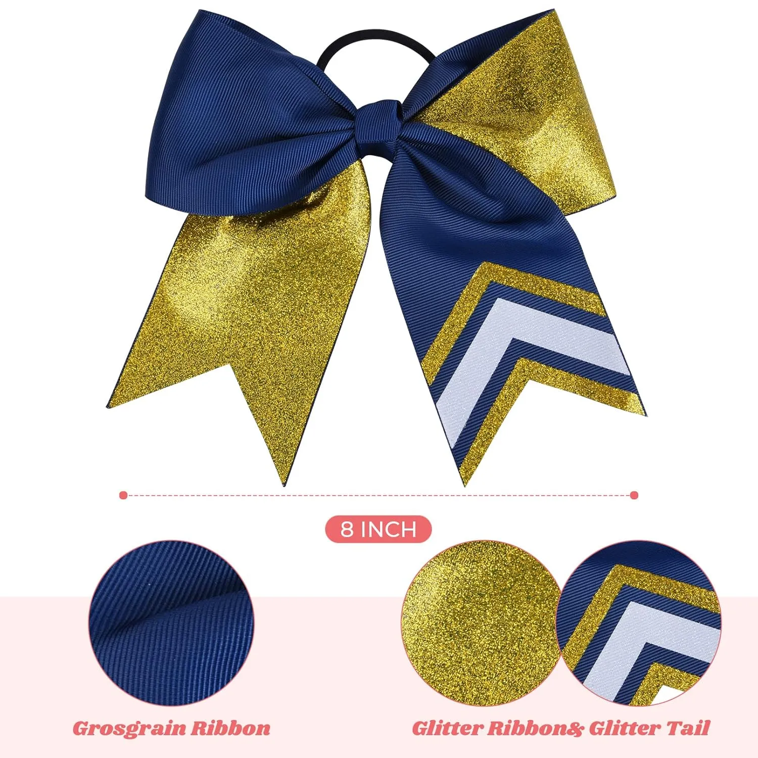 DEEKA 8PCS 8" Two Toned Large Glitter Cheer Bows Shiny Cheer Hair Bows Ponytail Holder Handmade for Cheerleader Girls Softball Sports -g Gold/Navy