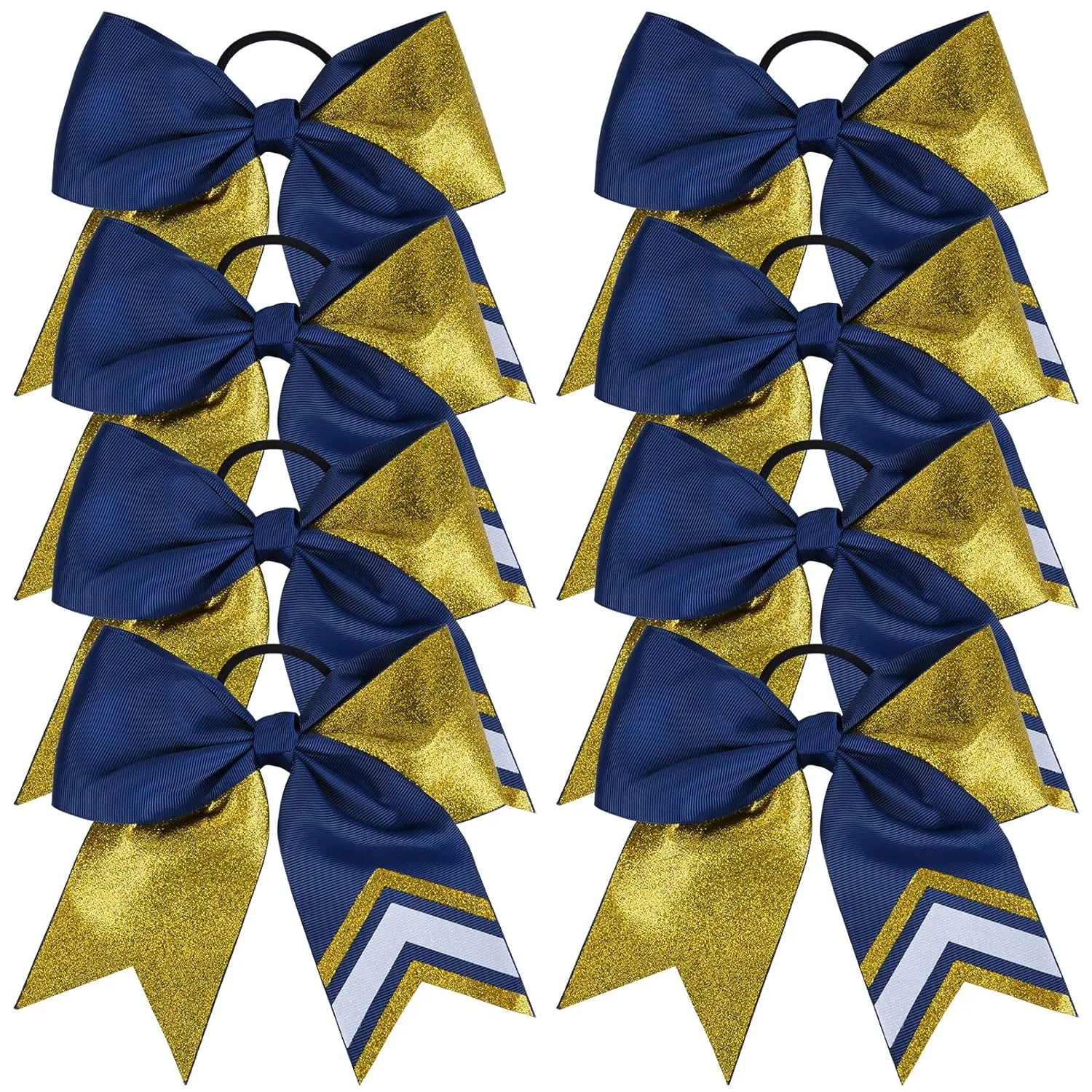 DEEKA 8PCS 8" Two Toned Large Glitter Cheer Bows Shiny Cheer Hair Bows Ponytail Holder Handmade for Cheerleader Girls Softball Sports -g Gold/Navy