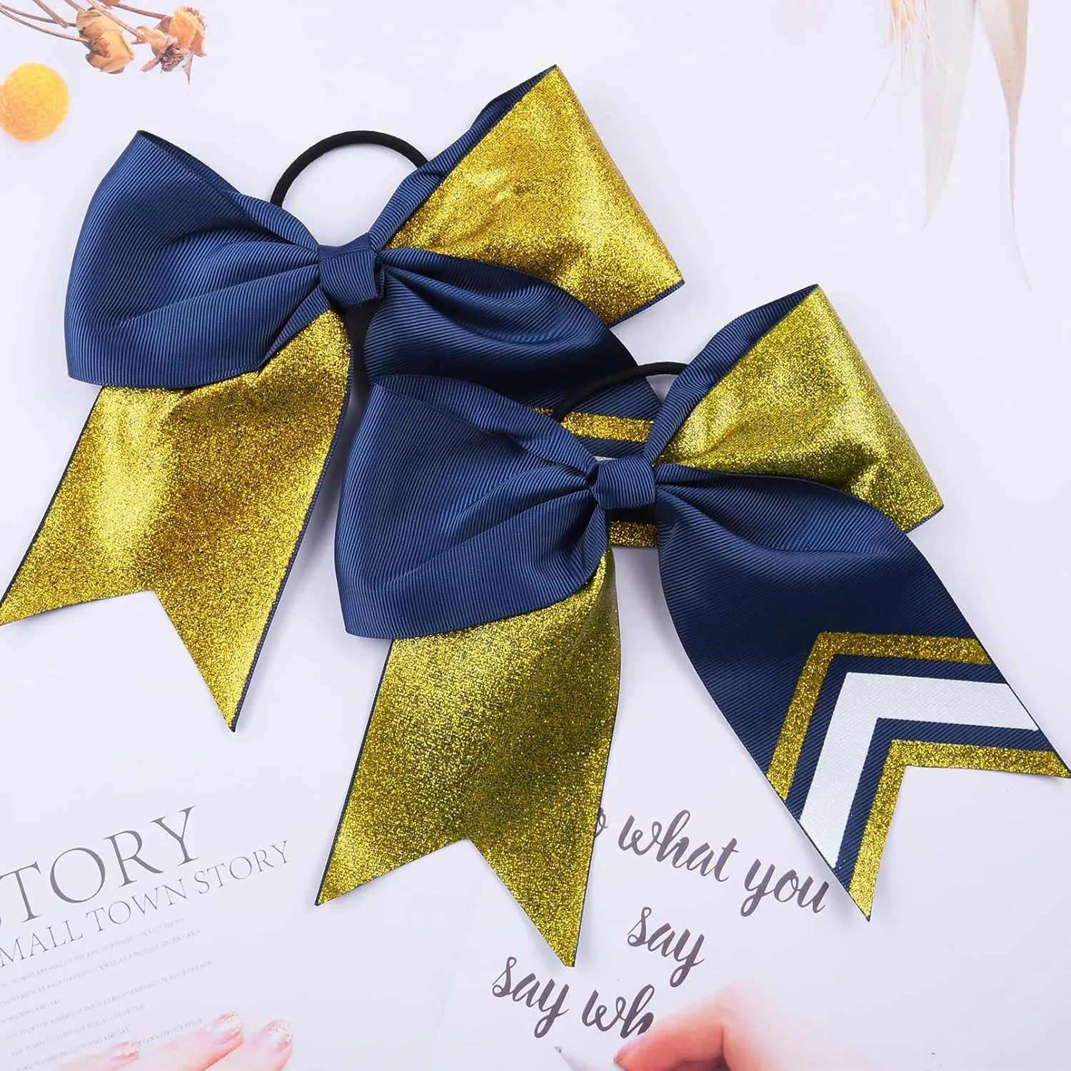DEEKA 8PCS 8" Two Toned Large Glitter Cheer Bows Shiny Cheer Hair Bows Ponytail Holder Handmade for Cheerleader Girls Softball Sports -g Gold/Navy