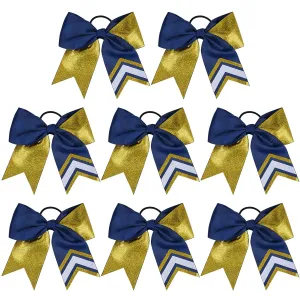 DEEKA 8PCS 8" Two Toned Large Glitter Cheer Bows Shiny Cheer Hair Bows Ponytail Holder Handmade for Cheerleader Girls Softball Sports -g Gold/Navy