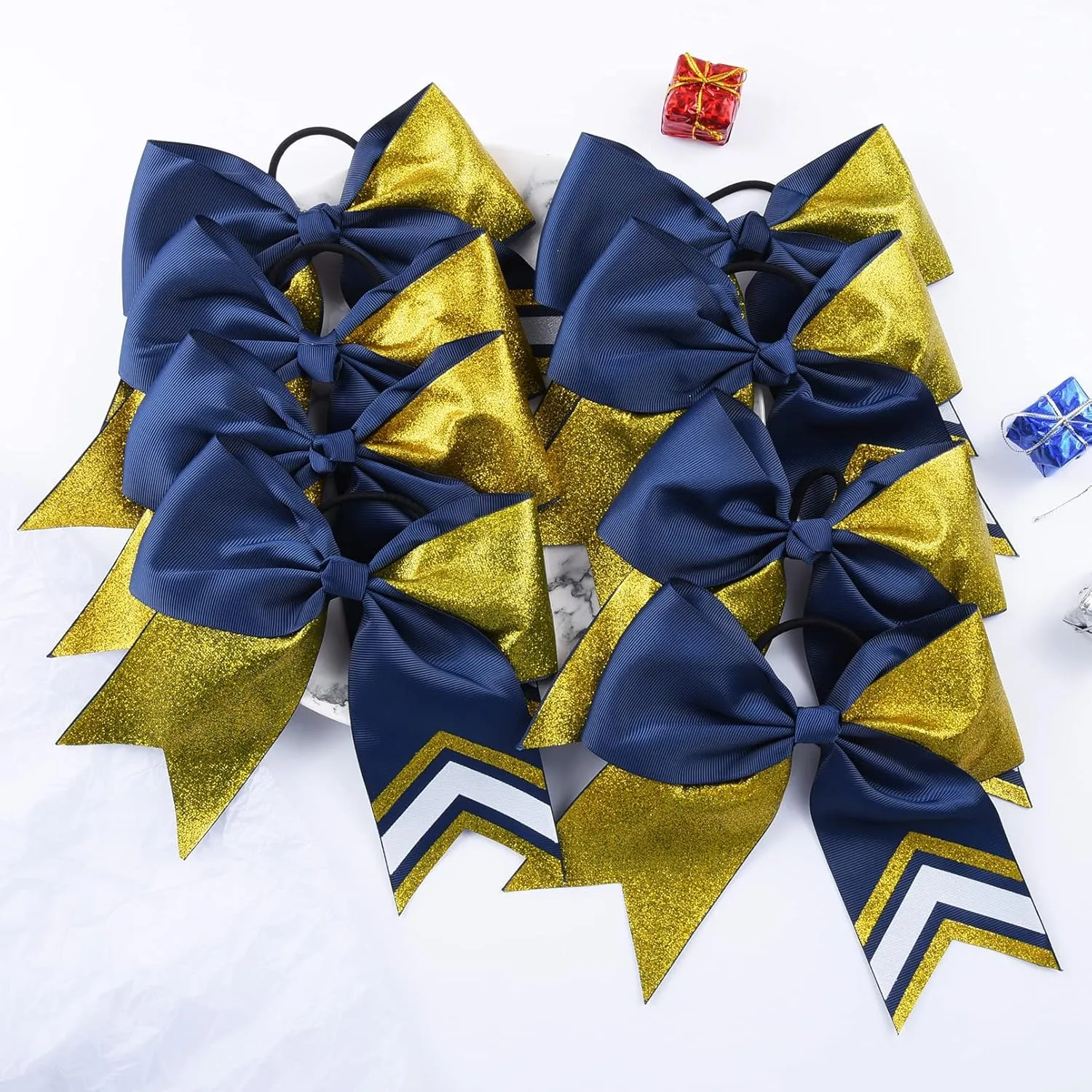DEEKA 8PCS 8" Two Toned Large Glitter Cheer Bows Shiny Cheer Hair Bows Ponytail Holder Handmade for Cheerleader Girls Softball Sports -g Gold/Navy