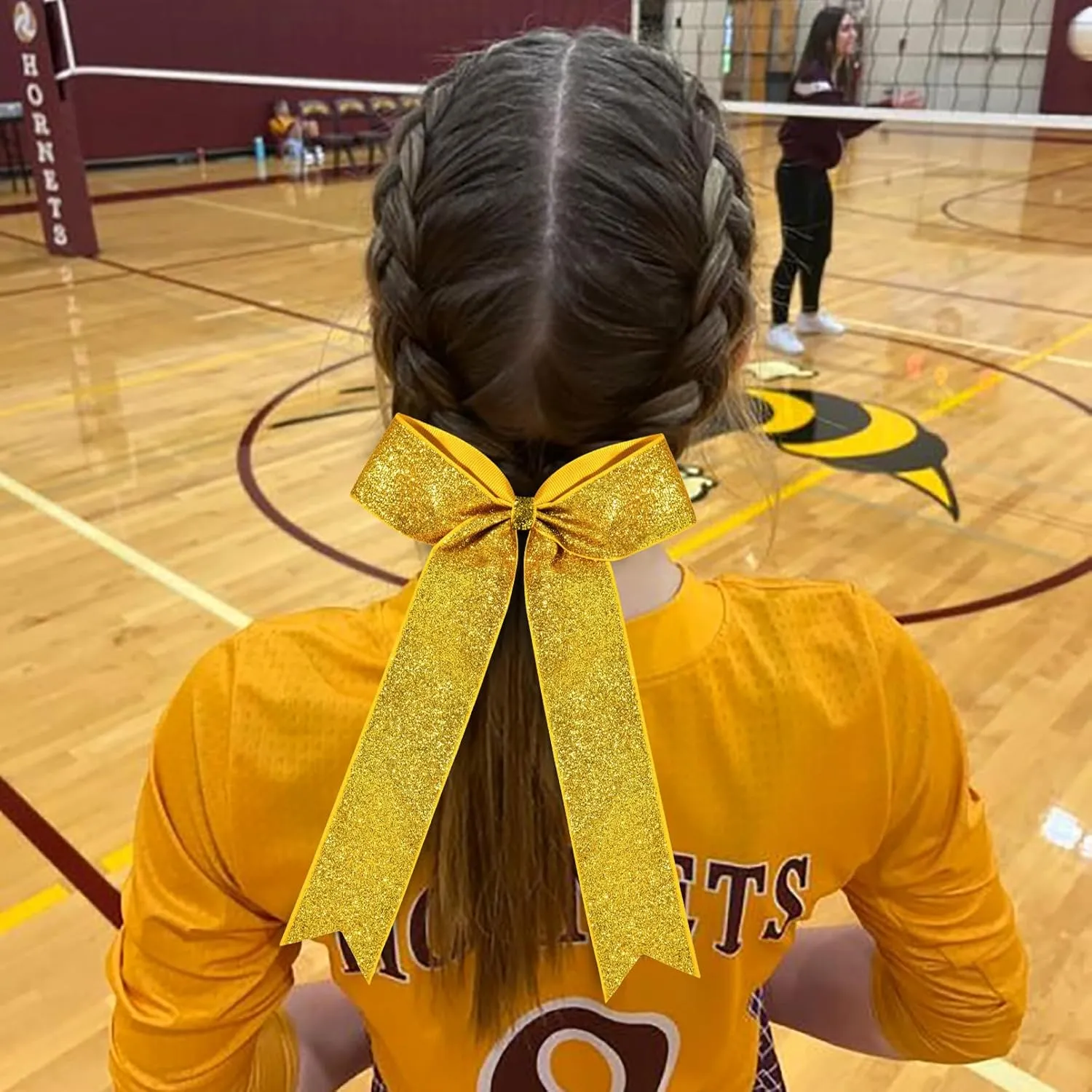 DEEKA Gold Glitter Long Tail Cheer Bows Shiny College Cheerleader Ponytail Holder Bows for Volleyball Softball Girls Pack of 12