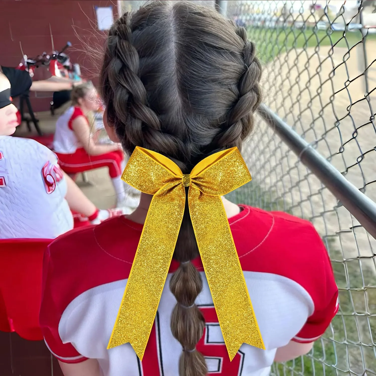 DEEKA Gold Glitter Long Tail Cheer Bows Shiny College Cheerleader Ponytail Holder Bows for Volleyball Softball Girls Pack of 12