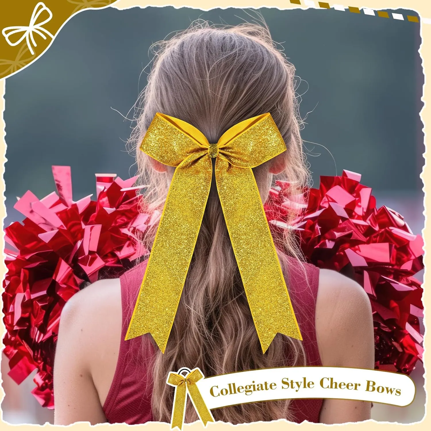DEEKA Gold Glitter Long Tail Cheer Bows Shiny College Cheerleader Ponytail Holder Bows for Volleyball Softball Girls Pack of 12