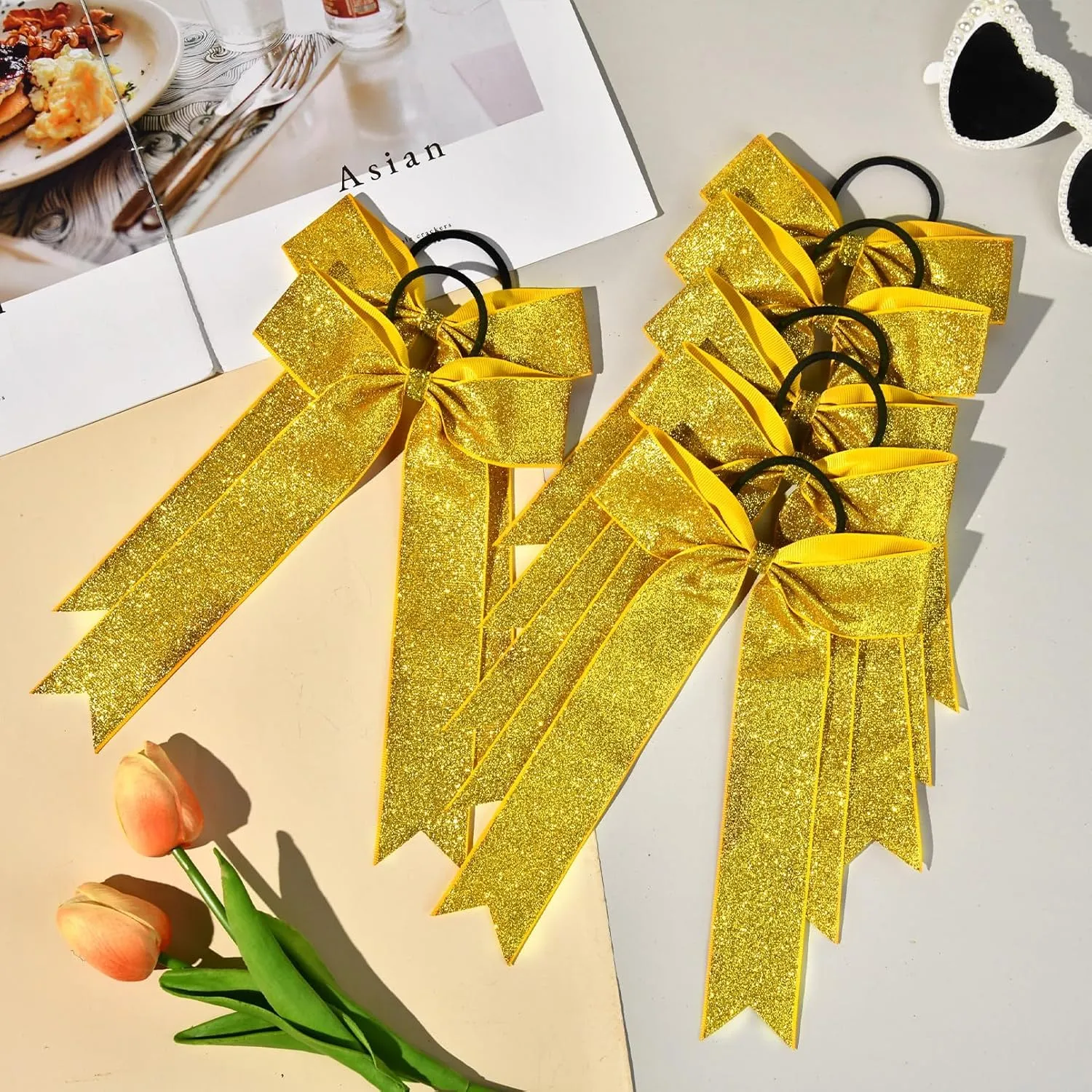 DEEKA Gold Glitter Long Tail Cheer Bows Shiny College Cheerleader Ponytail Holder Bows for Volleyball Softball Girls Pack of 12