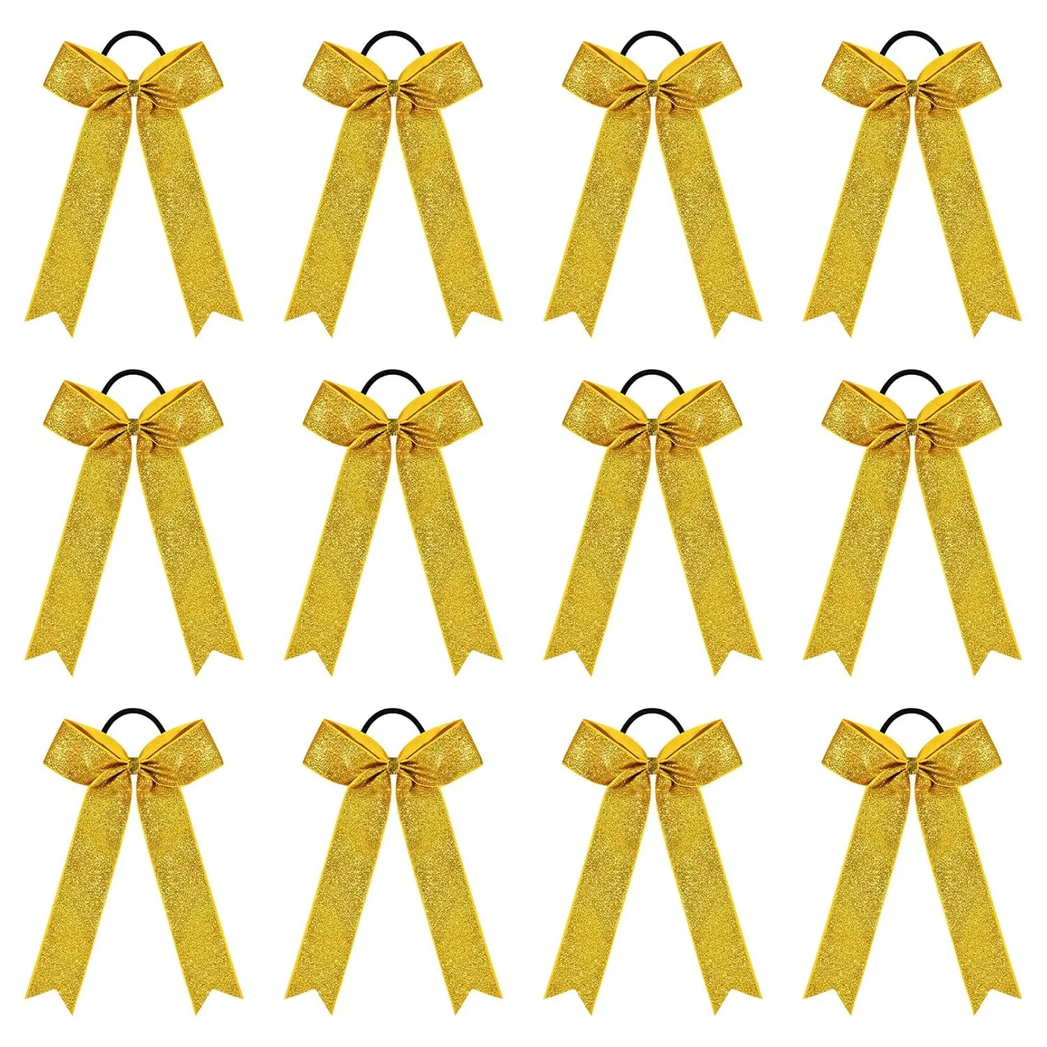 DEEKA Gold Glitter Long Tail Cheer Bows Shiny College Cheerleader Ponytail Holder Bows for Volleyball Softball Girls Pack of 12