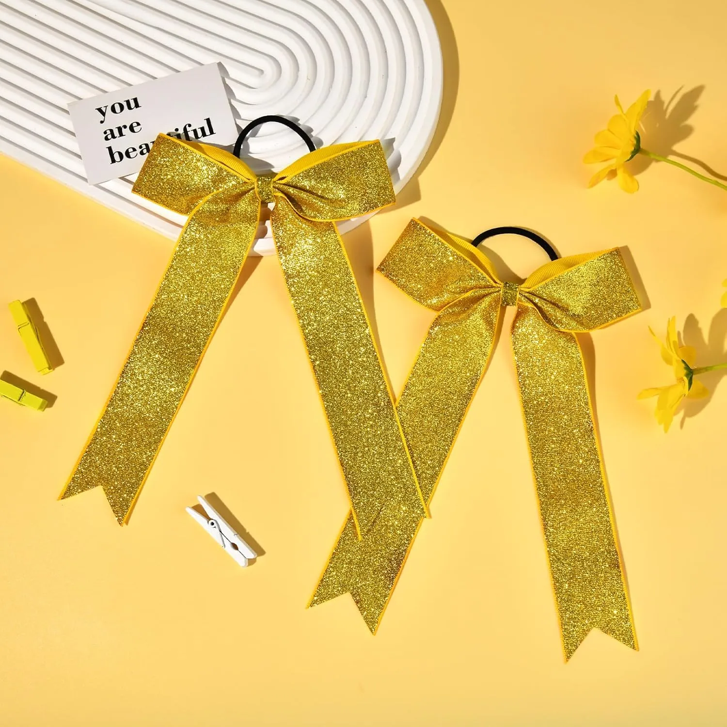 DEEKA Gold Glitter Long Tail Cheer Bows Shiny College Cheerleader Ponytail Holder Bows for Volleyball Softball Girls Pack of 12
