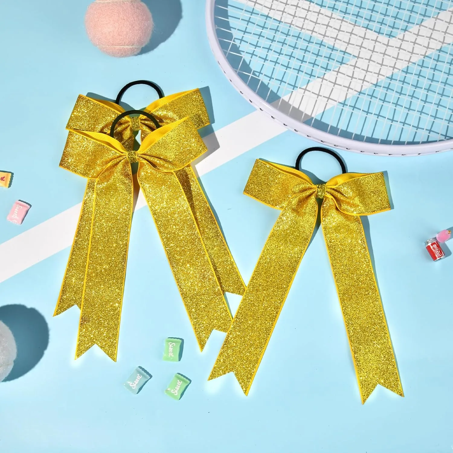 DEEKA Gold Glitter Long Tail Cheer Bows Shiny College Cheerleader Ponytail Holder Bows for Volleyball Softball Girls Pack of 12