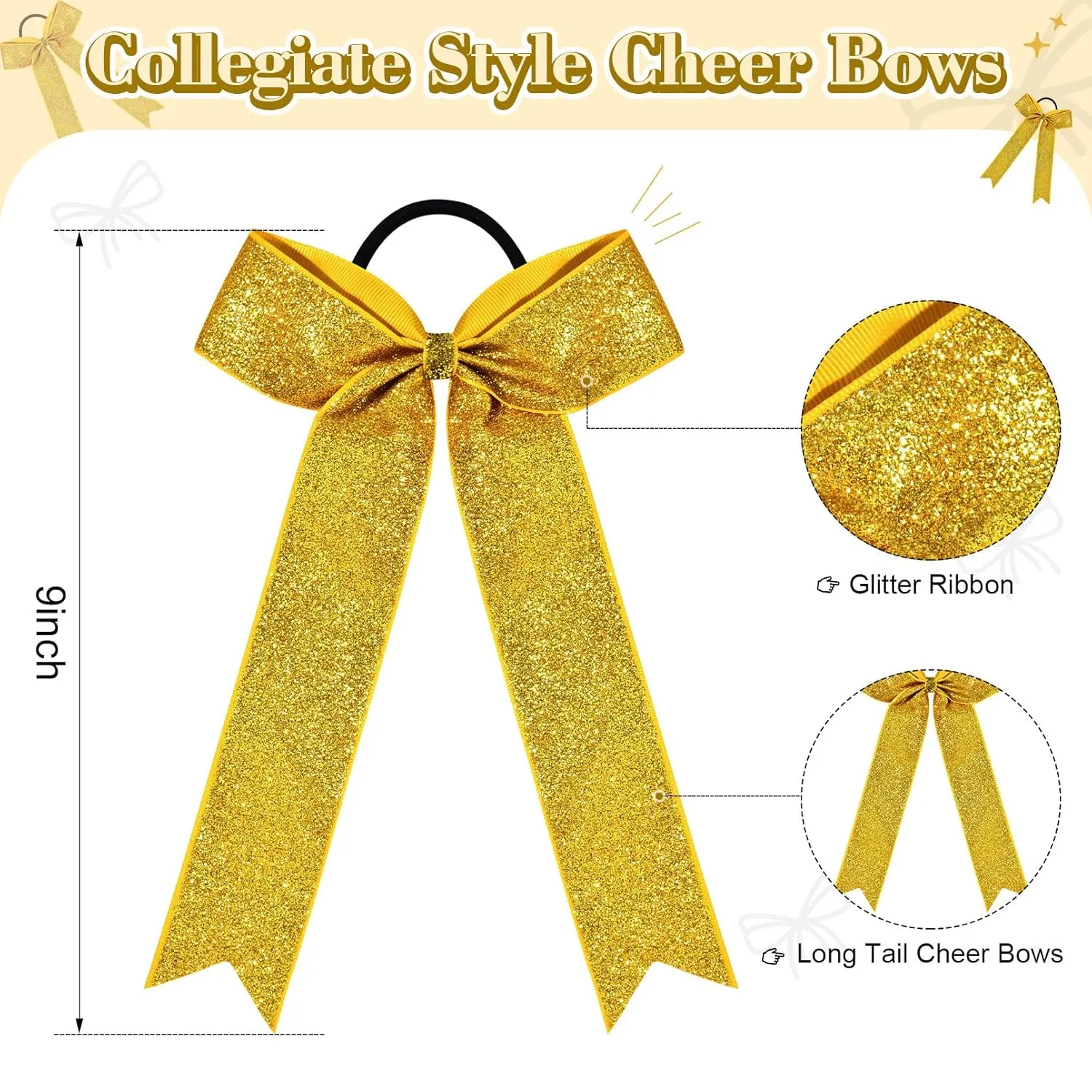 DEEKA Gold Glitter Long Tail Cheer Bows Shiny College Cheerleader Ponytail Holder Bows for Volleyball Softball Girls Pack of 12