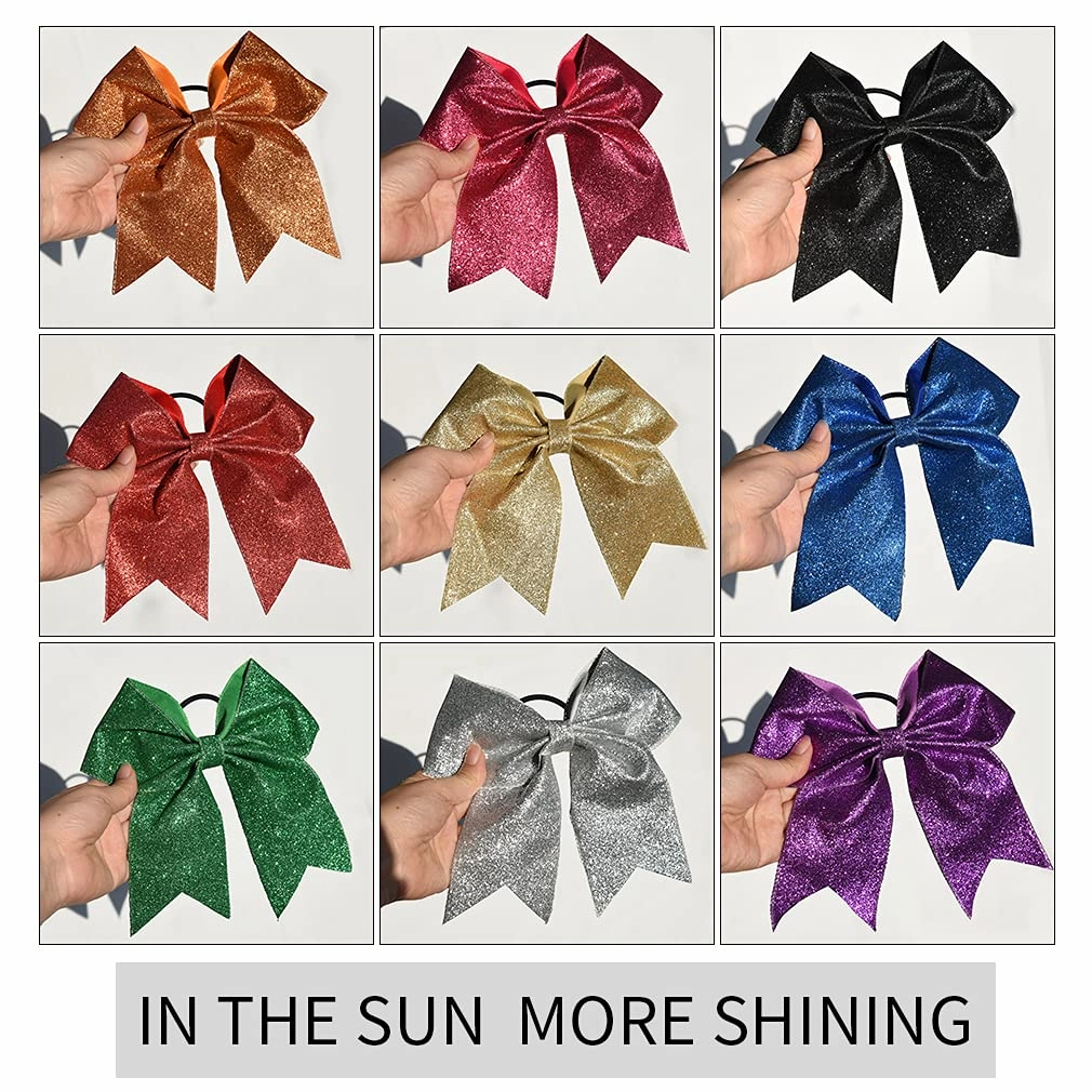 DEEKA 12 PCS 7" Large Glitter Cheer Bows Shiny Cheer Hair Bows Ponytail Holder Handmade for Cheerleader Girls Softball Sports -Gold