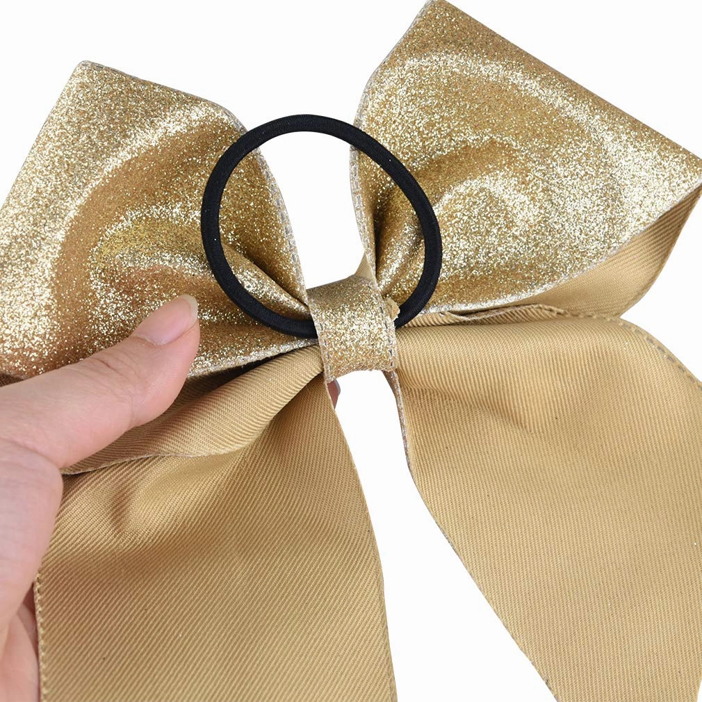 DEEKA 12 PCS 7" Large Glitter Cheer Bows Shiny Cheer Hair Bows Ponytail Holder Handmade for Cheerleader Girls Softball Sports -Gold