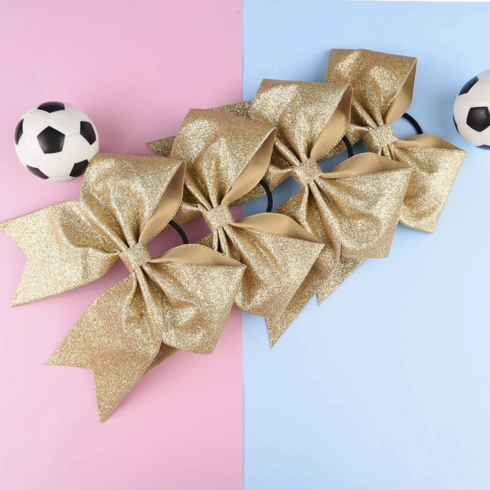 DEEKA 12 PCS 7" Large Glitter Cheer Bows Shiny Cheer Hair Bows Ponytail Holder Handmade for Cheerleader Girls Softball Sports -Gold