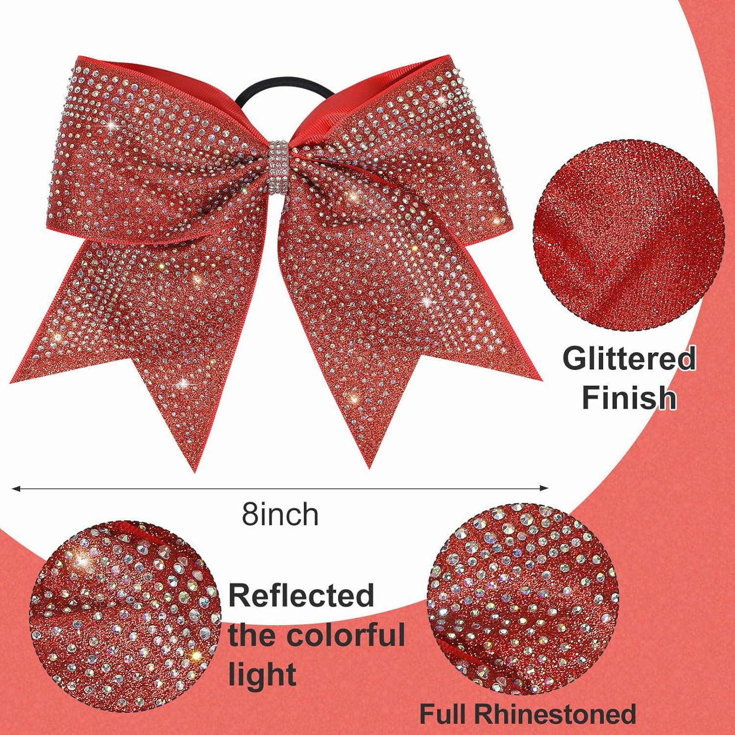 DEEKA 6PCS 8" Large Glitter Cheer Bows with Full Rhinestones Colorful Shimmer Shiny Cheer Hair Bows Elastic Band Ponytail Holder for Cheerleader Girls Sports -Red