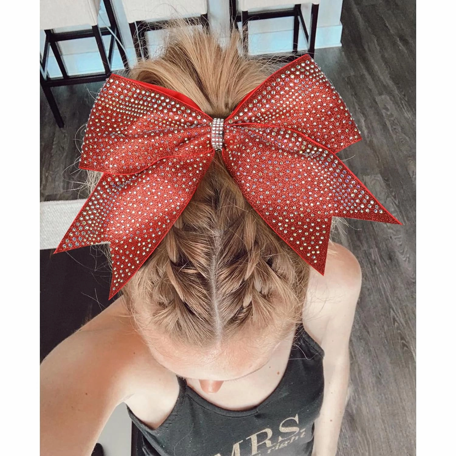 DEEKA 6PCS 8" Large Glitter Cheer Bows with Full Rhinestones Colorful Shimmer Shiny Cheer Hair Bows Elastic Band Ponytail Holder for Cheerleader Girls Sports -Red