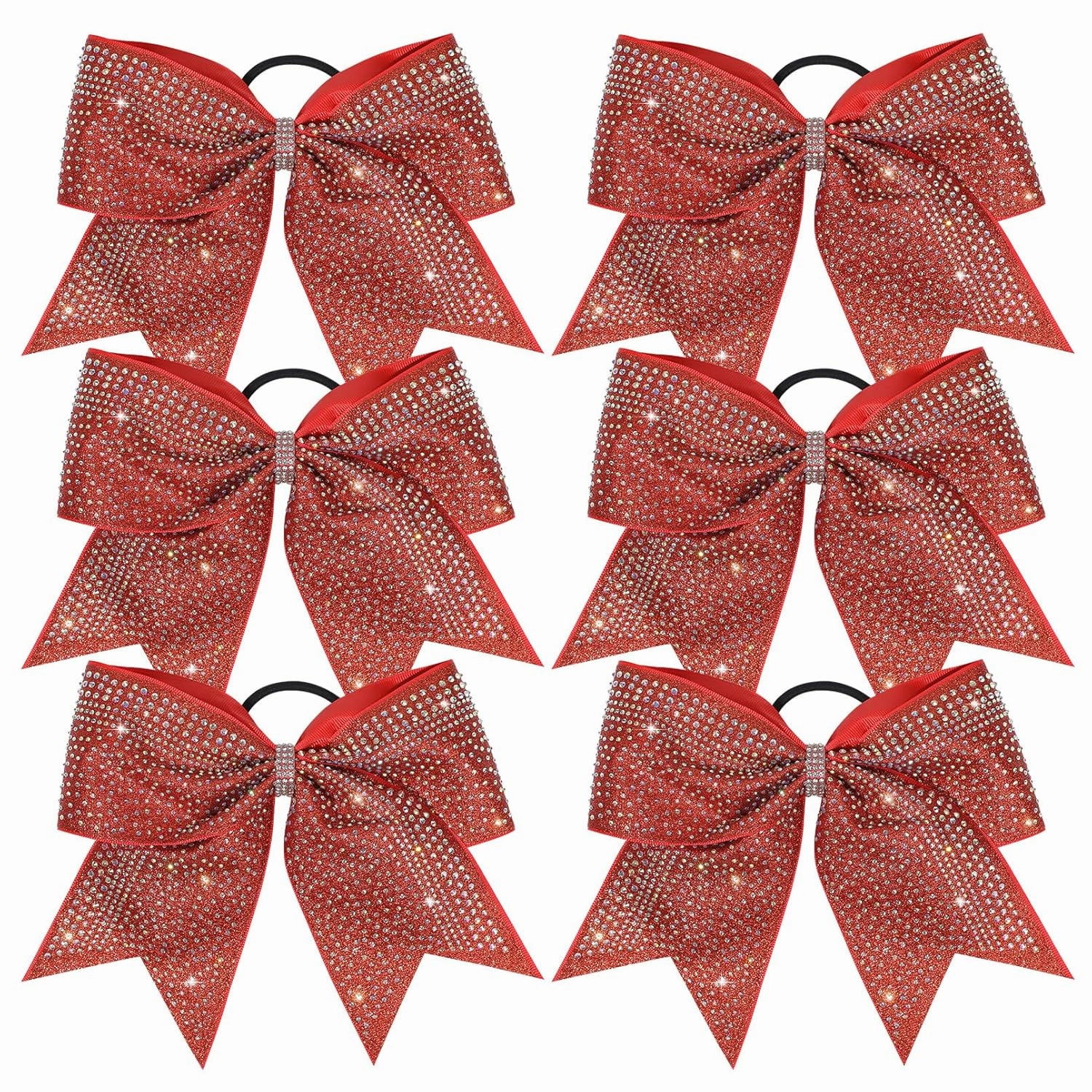 DEEKA 6PCS 8" Large Glitter Cheer Bows with Full Rhinestones Colorful Shimmer Shiny Cheer Hair Bows Elastic Band Ponytail Holder for Cheerleader Girls Sports -Red