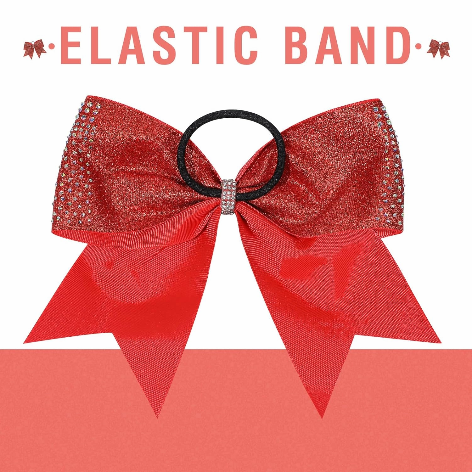 DEEKA 6PCS 8" Large Glitter Cheer Bows with Full Rhinestones Colorful Shimmer Shiny Cheer Hair Bows Elastic Band Ponytail Holder for Cheerleader Girls Sports -Red
