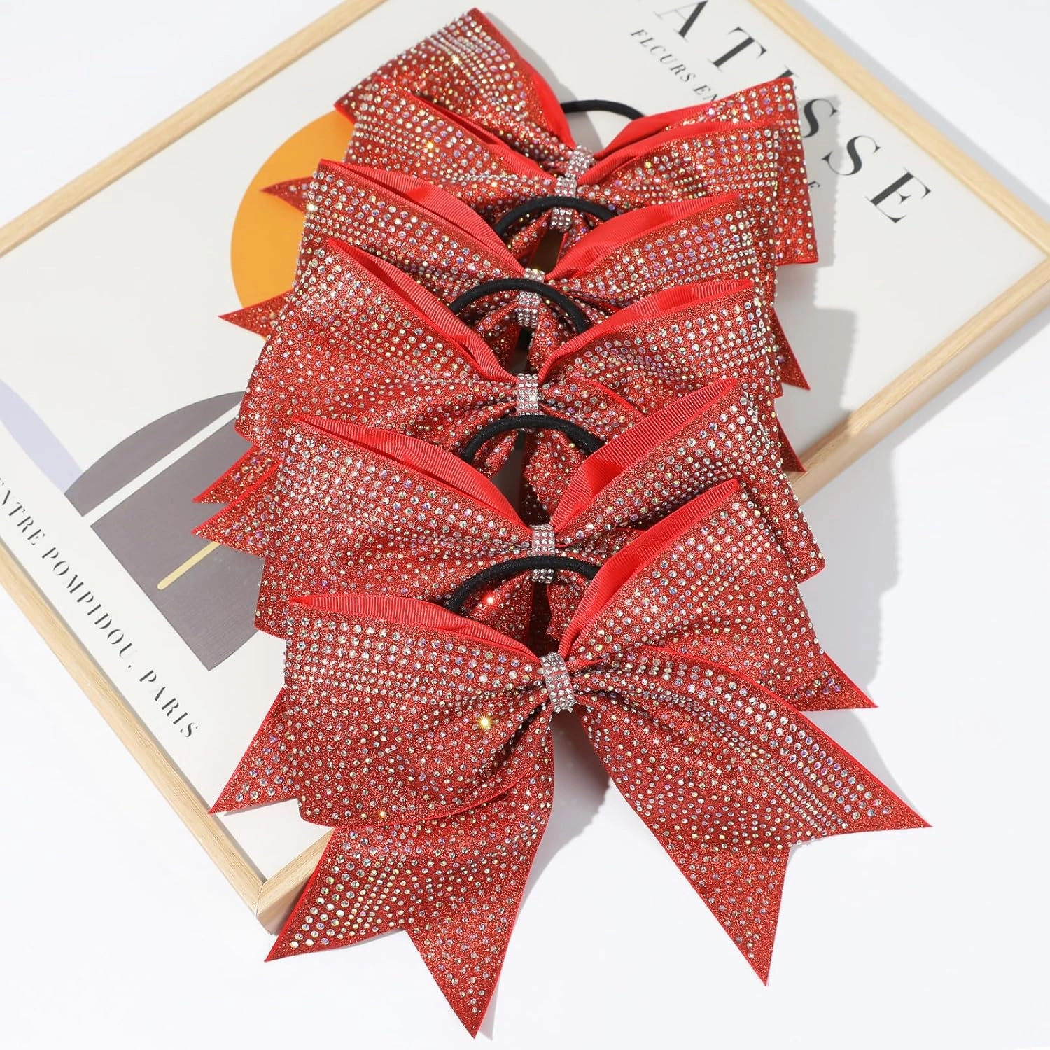 DEEKA 6PCS 8" Large Glitter Cheer Bows with Full Rhinestones Colorful Shimmer Shiny Cheer Hair Bows Elastic Band Ponytail Holder for Cheerleader Girls Sports -Red