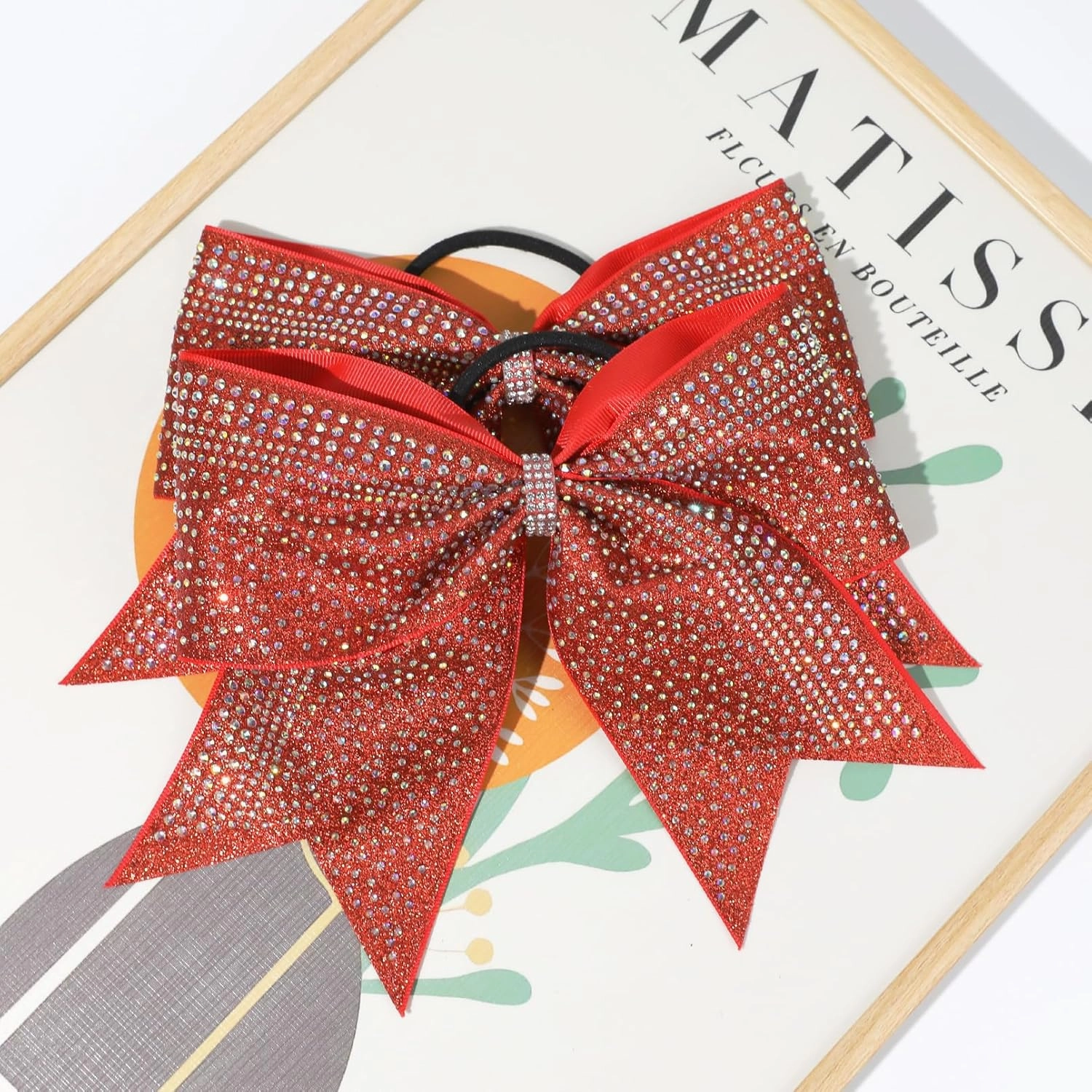 DEEKA 6PCS 8" Large Glitter Cheer Bows with Full Rhinestones Colorful Shimmer Shiny Cheer Hair Bows Elastic Band Ponytail Holder for Cheerleader Girls Sports -Red