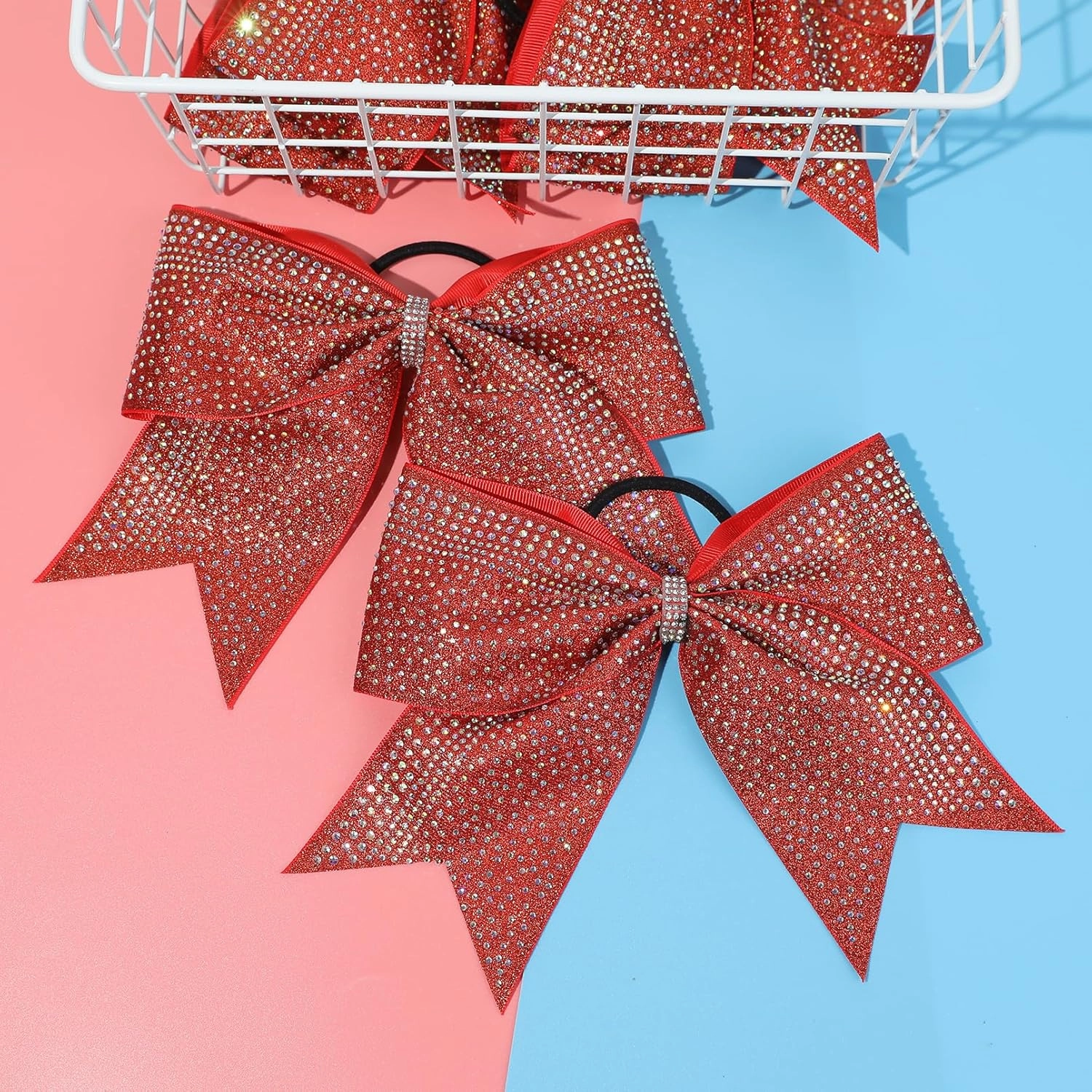 DEEKA 6PCS 8" Large Glitter Cheer Bows with Full Rhinestones Colorful Shimmer Shiny Cheer Hair Bows Elastic Band Ponytail Holder for Cheerleader Girls Sports -Red