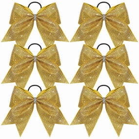 DEEKA 6PCS 8" Large Glitter Gold Cheer Bows with Full Shiny Rhinestones Multicolored Shimmer Cheer Hair Bows Elastic Band Ponytail Holder for Cheerleader Girls Sports-Gold