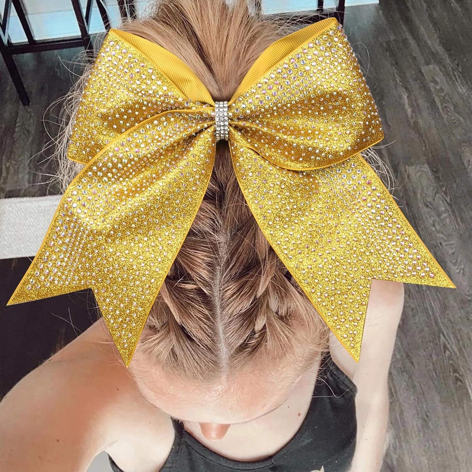 DEEKA 6PCS 8" Large Glitter Gold Cheer Bows with Full Shiny Rhinestones Multicolored Shimmer Cheer Hair Bows Elastic Band Ponytail Holder for Cheerleader Girls Sports-Gold