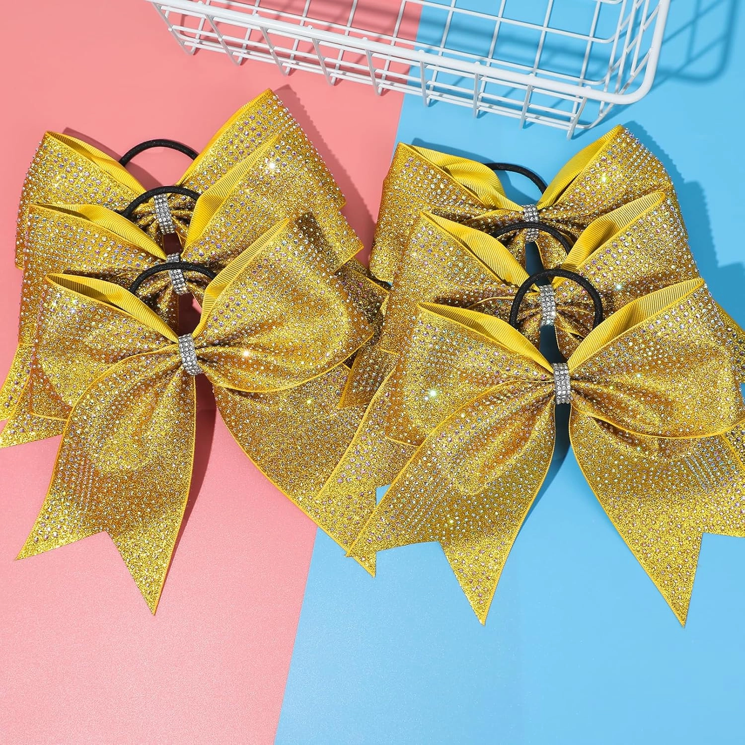 DEEKA 6PCS 8" Large Glitter Gold Cheer Bows with Full Shiny Rhinestones Multicolored Shimmer Cheer Hair Bows Elastic Band Ponytail Holder for Cheerleader Girls Sports-Gold
