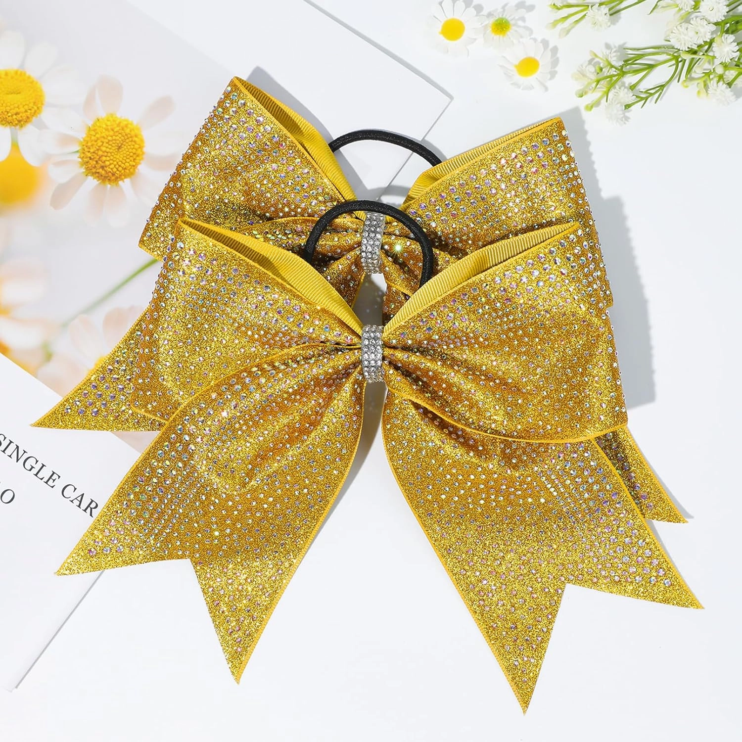 DEEKA 6PCS 8" Large Glitter Gold Cheer Bows with Full Shiny Rhinestones Multicolored Shimmer Cheer Hair Bows Elastic Band Ponytail Holder for Cheerleader Girls Sports-Gold