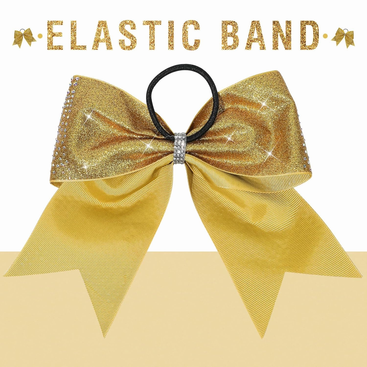 DEEKA 6PCS 8" Large Glitter Gold Cheer Bows with Full Shiny Rhinestones Multicolored Shimmer Cheer Hair Bows Elastic Band Ponytail Holder for Cheerleader Girls Sports-Gold