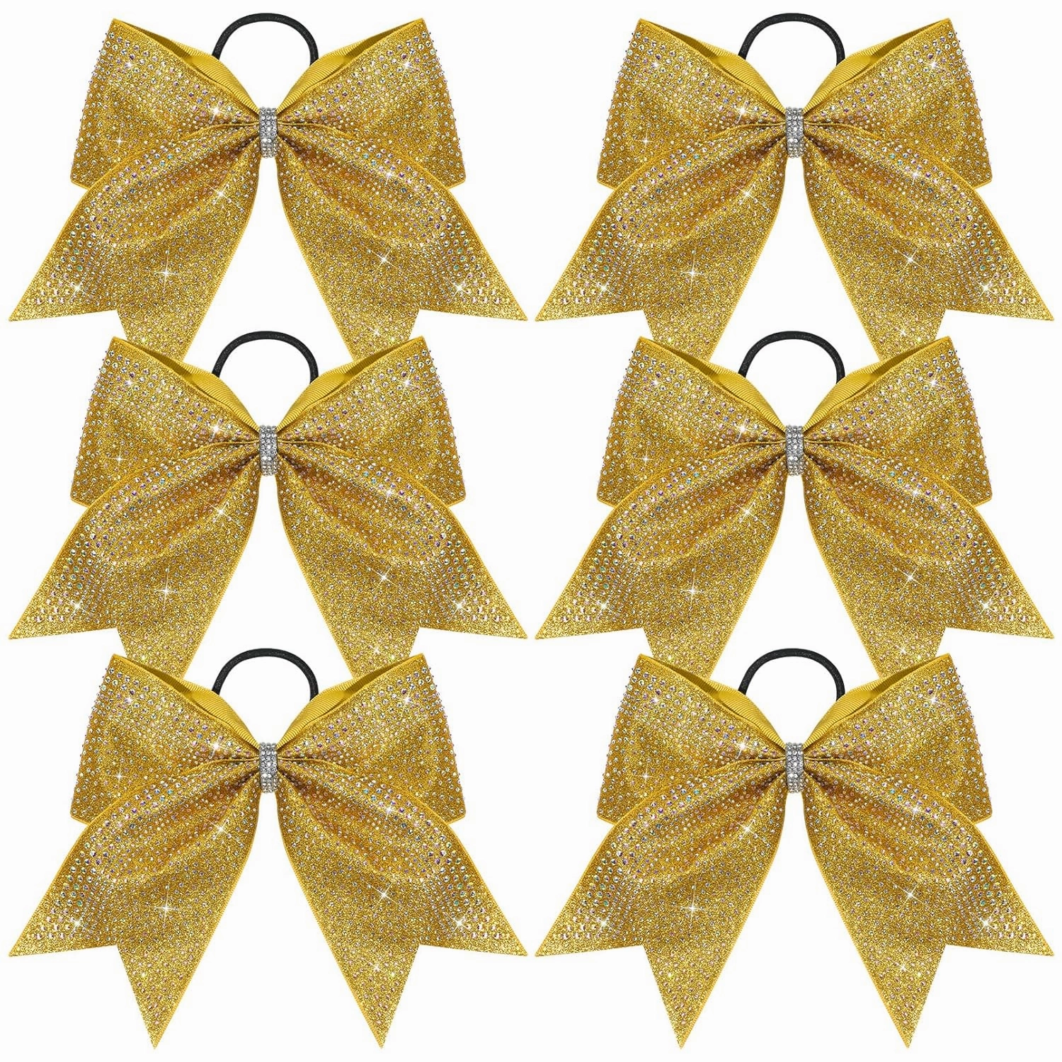 DEEKA 6PCS 8" Large Glitter Gold Cheer Bows with Full Shiny Rhinestones Multicolored Shimmer Cheer Hair Bows Elastic Band Ponytail Holder for Cheerleader Girls Sports-Gold