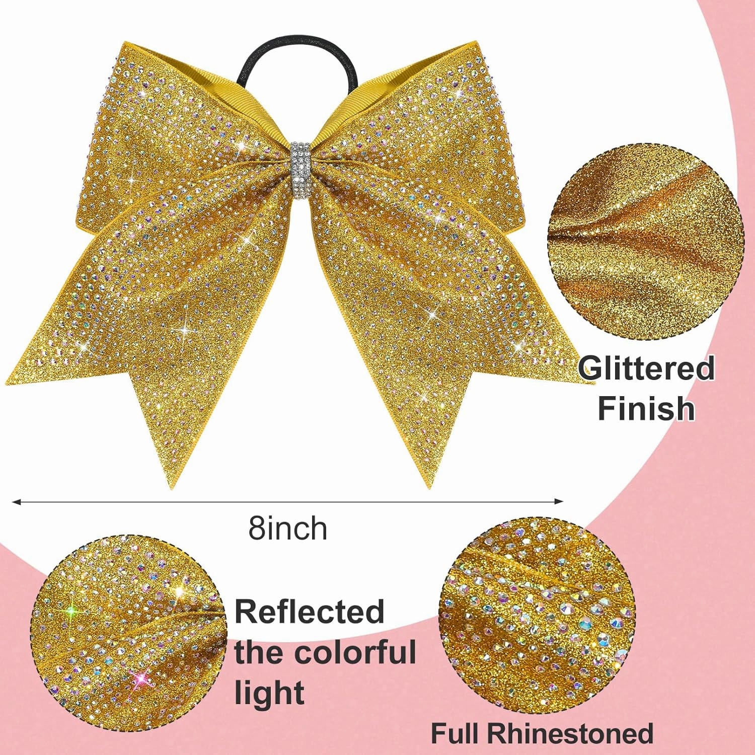 DEEKA 6PCS 8" Large Glitter Gold Cheer Bows with Full Shiny Rhinestones Multicolored Shimmer Cheer Hair Bows Elastic Band Ponytail Holder for Cheerleader Girls Sports-Gold