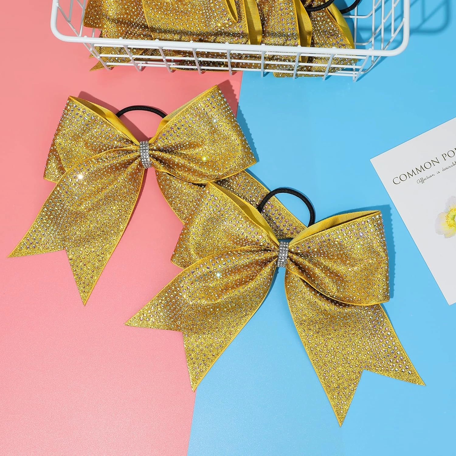 DEEKA 6PCS 8" Large Glitter Gold Cheer Bows with Full Shiny Rhinestones Multicolored Shimmer Cheer Hair Bows Elastic Band Ponytail Holder for Cheerleader Girls Sports-Gold