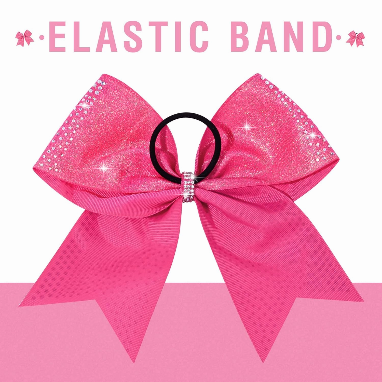 DEEKA 6PCS 8" Large Glitter Pink Cheer Bows with Full Shiny Rhinestones Multicolored Shimmer Cheer Hair Bows Elastic Band Ponytail Holder for Cheerleader Girls Sports-Pink