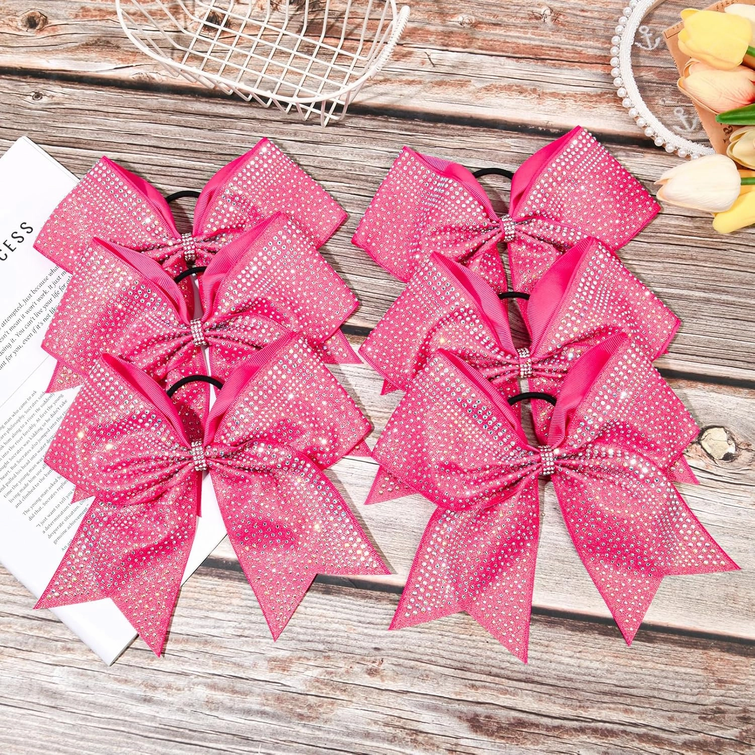 DEEKA 6PCS 8" Large Glitter Pink Cheer Bows with Full Shiny Rhinestones Multicolored Shimmer Cheer Hair Bows Elastic Band Ponytail Holder for Cheerleader Girls Sports-Pink