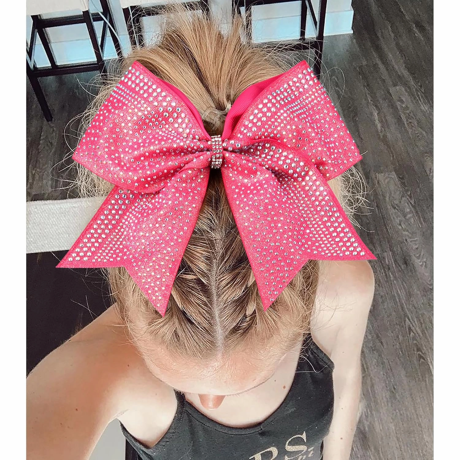 DEEKA 6PCS 8" Large Glitter Pink Cheer Bows with Full Shiny Rhinestones Multicolored Shimmer Cheer Hair Bows Elastic Band Ponytail Holder for Cheerleader Girls Sports-Pink
