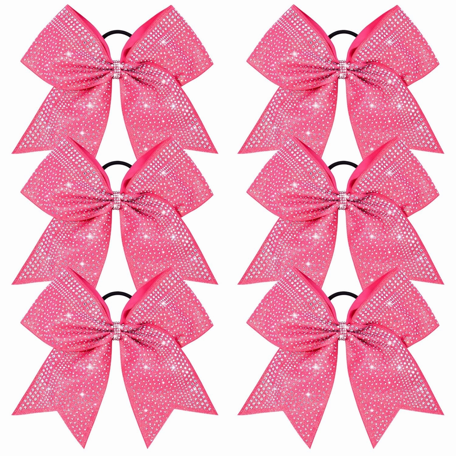 DEEKA 6PCS 8" Large Glitter Pink Cheer Bows with Full Shiny Rhinestones Multicolored Shimmer Cheer Hair Bows Elastic Band Ponytail Holder for Cheerleader Girls Sports-Pink