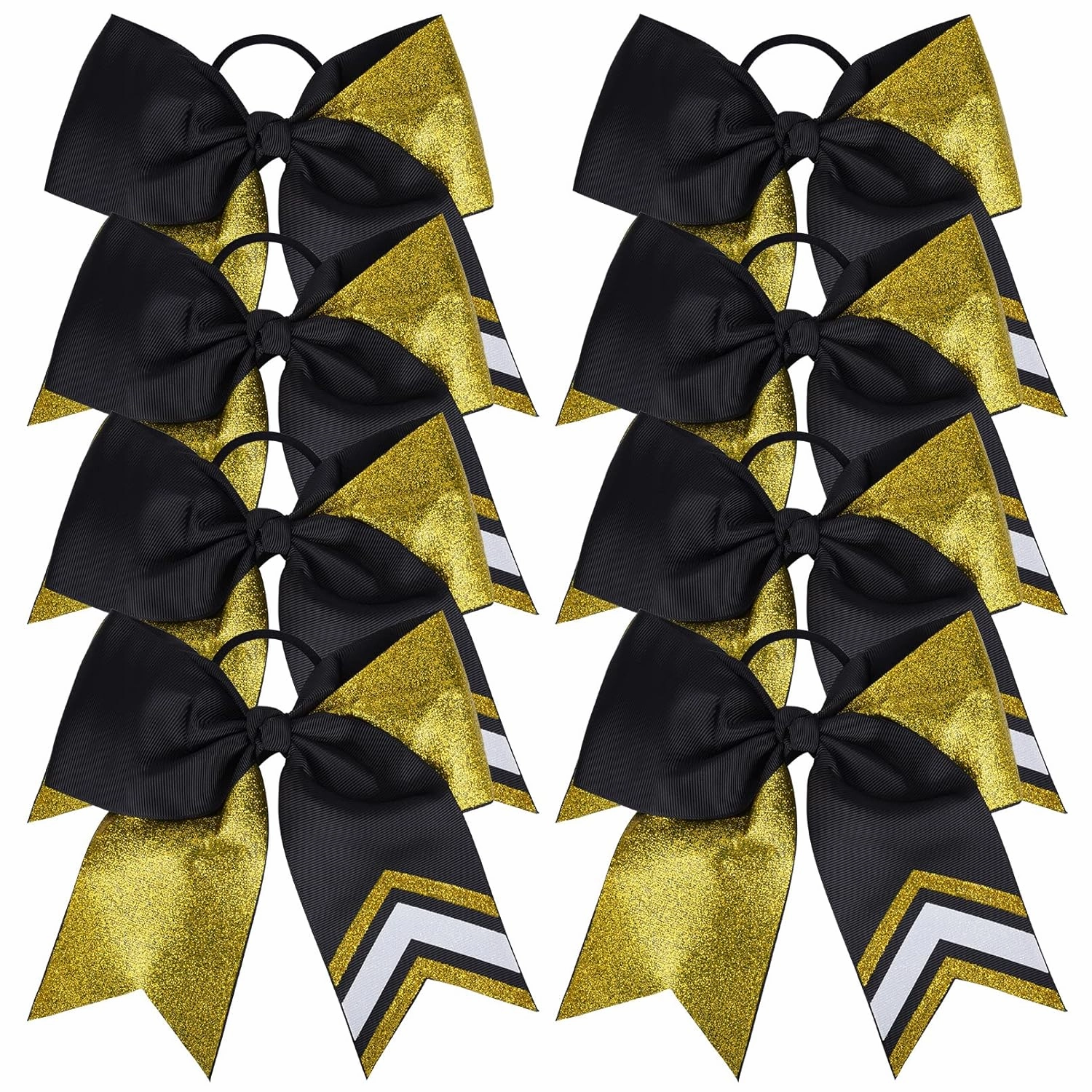 DEEKA 8PCS 8" Two Toned Large Glitter Cheer Bows Shiny Cheer Hair Bows Ponytail Holder Handmade for Cheerleader Girls Softball Sports -g Gold/Black
