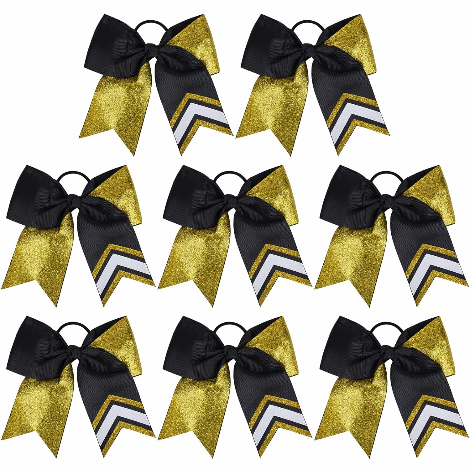 DEEKA 8PCS 8" Two Toned Large Glitter Cheer Bows Shiny Cheer Hair Bows Ponytail Holder Handmade for Cheerleader Girls Softball Sports -g Gold/Black