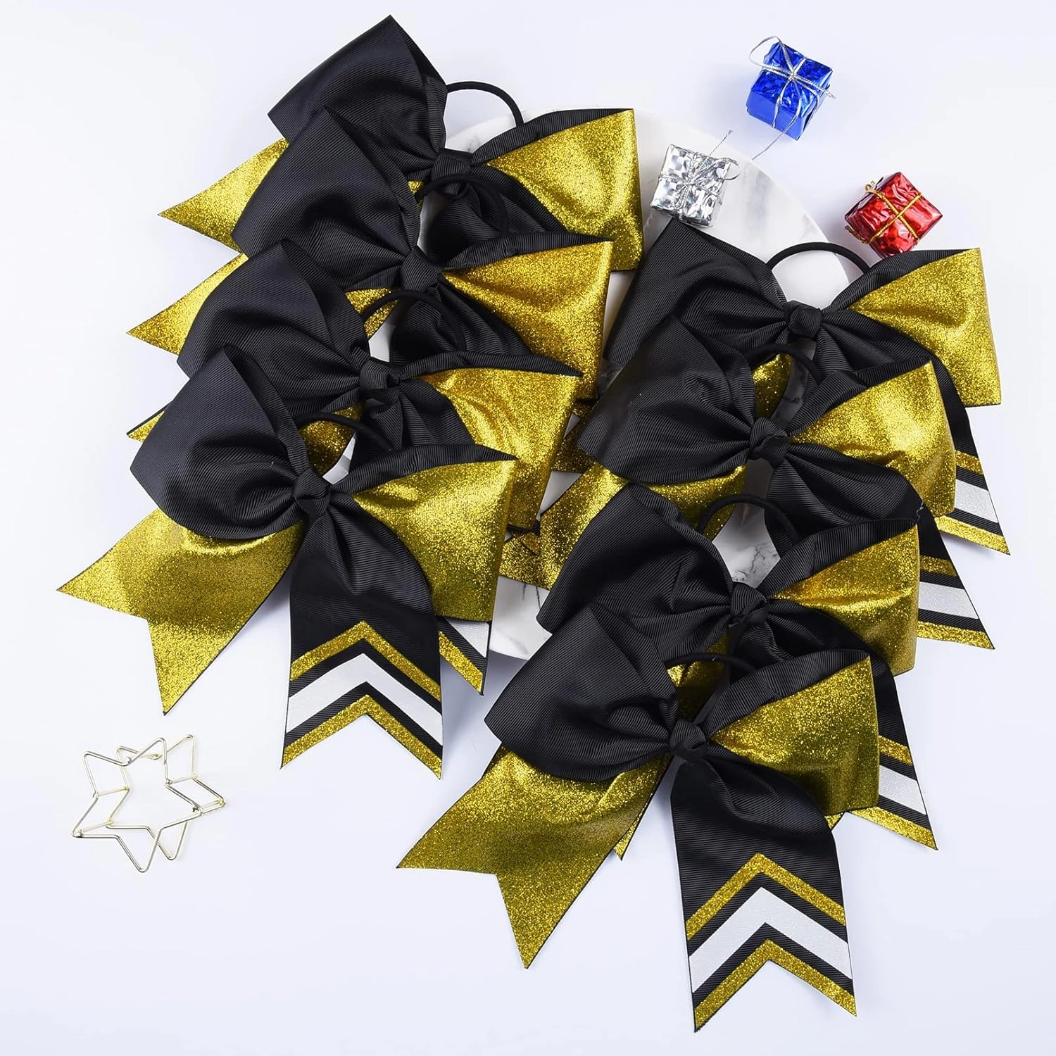DEEKA 8PCS 8" Two Toned Large Glitter Cheer Bows Shiny Cheer Hair Bows Ponytail Holder Handmade for Cheerleader Girls Softball Sports -g Gold/Black